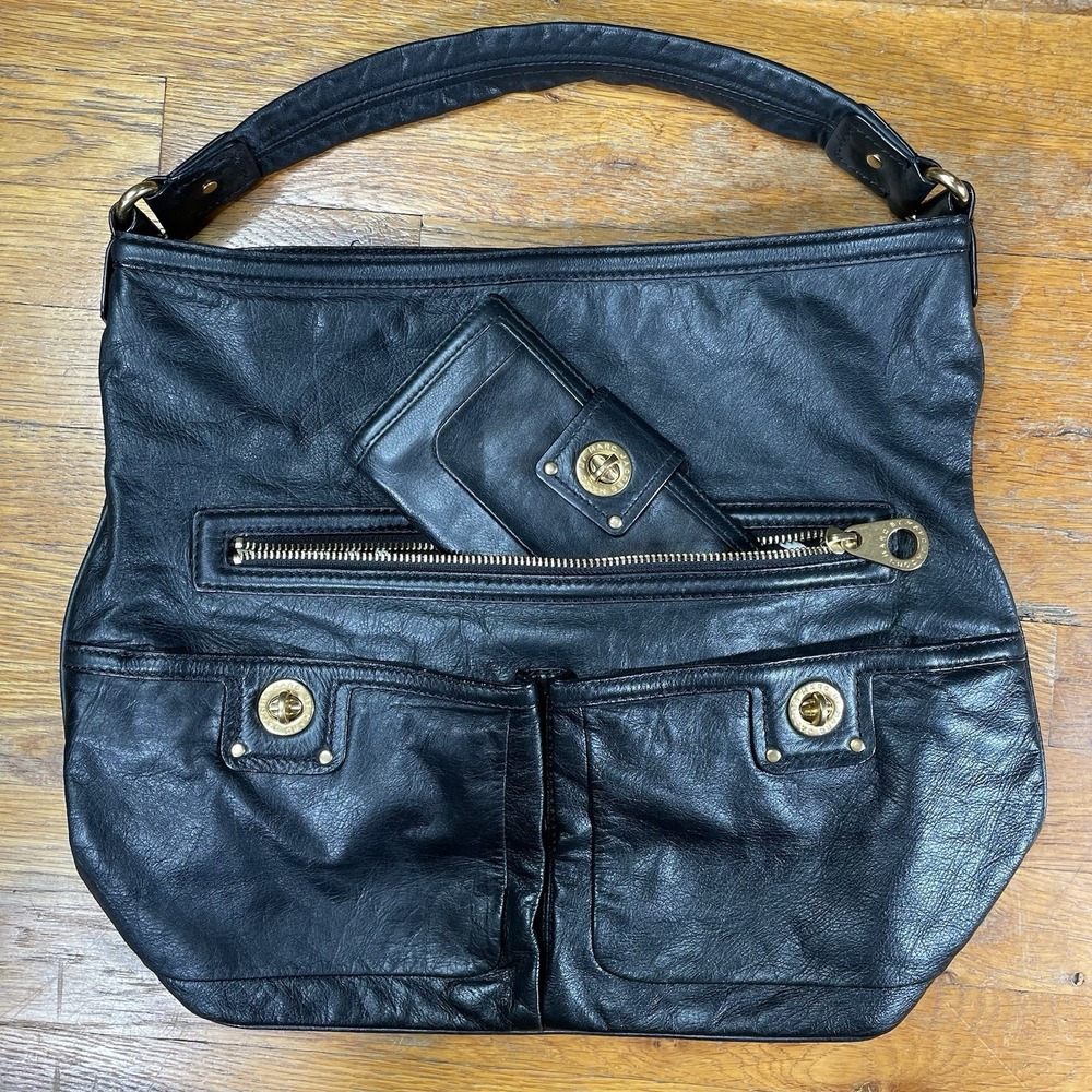 Marc Jacobs Hobo Shoulder Bag & Wallet‎ Set Black Leather Turnlock Vintage Zip